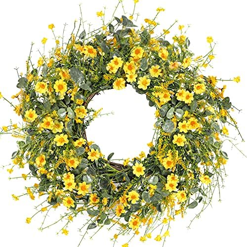 Sggvecsy Yellow Daisy Wreath 24 Inch Spring Summer Wreath Fake Silk Floral Wreath with Green Eucalyptus Leaves and Lavender for Front Door Window Wall Wedding Farmhouse Festival Decor by Sggvecsy
