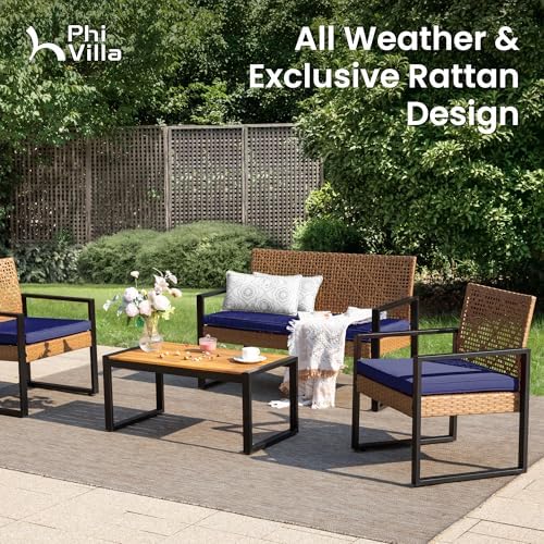 PHI VILLA 4 Piece Brown Wicker Patio Furniture Set with Navy Cushion - Image 2