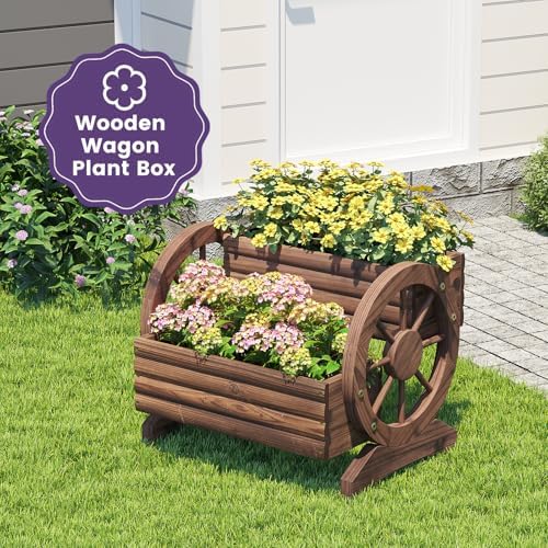 Wooden Wagon Planter Flower Cart Farm Stand Garden Decor Planter for Outdoor Patio Balcony Decoration,Rustic Farmhouse Wishing Well Decor Succulent Planter Indoor Backyard (Carbonized) - Image 5
