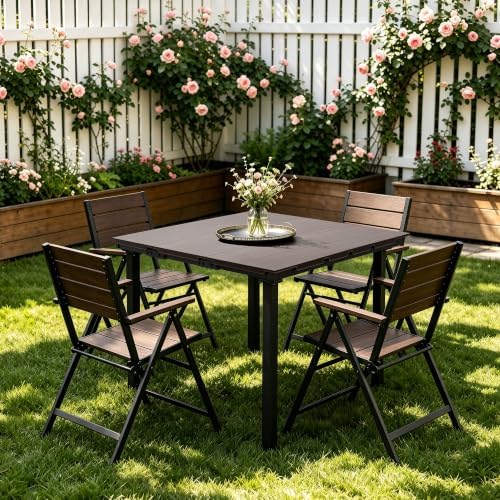 35.4" Square HDPE Wood Grain Patio Dining Table, Heavy Duty Galvanized Metal Frame, 300 LBS Weather Resistant Rustproof Outdoor Table for Backyard Garden Deck Porch, Mixed Brown Woodgrain - Image 2
