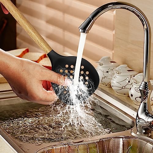 oannao Silicone Cooking Utensils Set - 446°F Heat Resistant Silicone Kitchen Utensils for Cooking,Kitchen Utensil Spatula Set w Wooden Handles, BPA FREE Gadgets for Non-Stick Cookware (Black) - Image 7