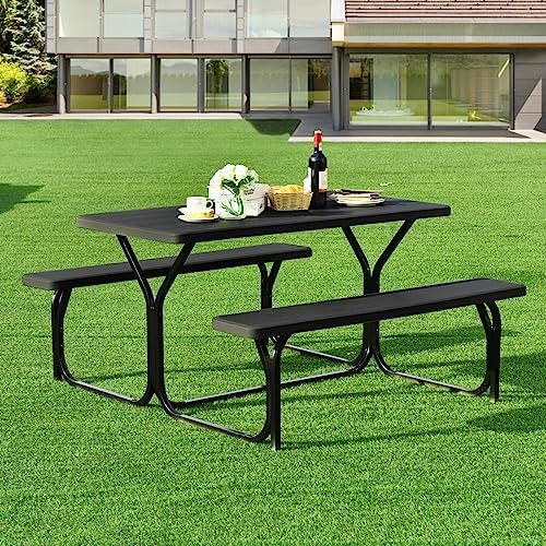 ORALNER Picnic Table, Resin Dining Table & 2 Benches Set, Weather Resistant Wood Grain Tabletop & Steel Frame, Plastic Picnic Tables for Outdoors, Porch Yard Patio Lawn Party Camping (Black) - Image 2