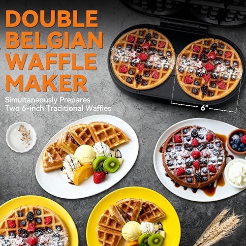Baker’s Friend Double Belgian Waffle Maker Thick, 2 X 6” Round Waffle Maker, Belgium Waffle Iron, Waflera Electrica with Non-stick Plates, 1200W, Perfect for Kids & Family Breakfast, Graphite - Image 2