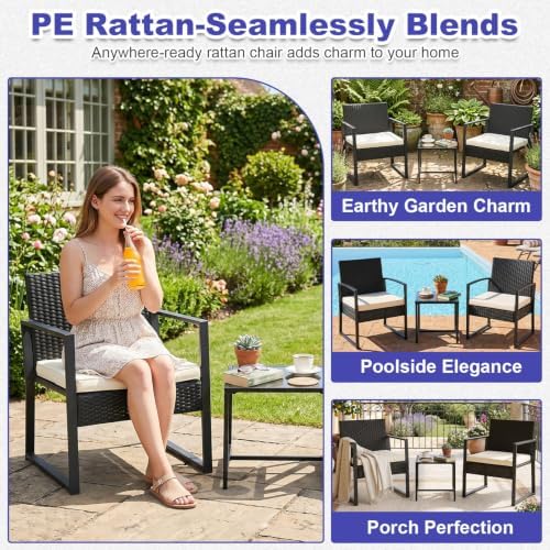 FDW | 3-Piece Patio Furniture Set | Khaki |Outdoor Wicker Furniture with Coffee Table | Modern Rattan Chairs Conversation Set | Outdoor Seating | Weather-Resistant | for Porch, Garden, Lawn - Image 3