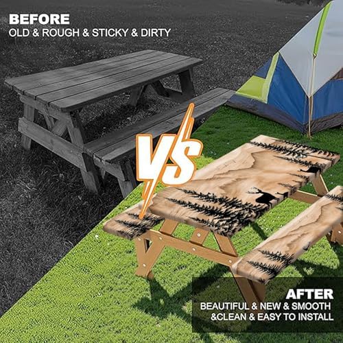 Picnic Table Cover with Bench Covers Camping Essentials Rustic Hunting Deer Forest Waterproof Windproof Camping Tablecloth Fitted Tablecloth Cover with Elastic Edge for Indoor Outdoor 3 PCS 30x72 Inch - Image 5