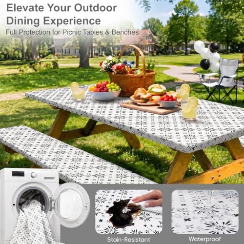 Picnic Table Cover with Bench Covers Portable Table Cloth Built-in Storage Pocket Picnic Table Covers With Elastic Waterproof Camping Essentials for RV Camping - Image 5