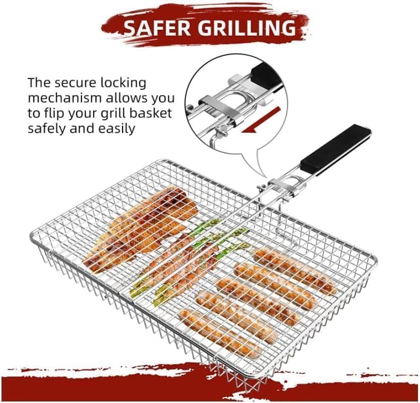 Grill Basket Large Portable Folding BBQ Camping Grilling Rack for Fish, Vegetables, Shrimp, Barbeque Griller Cooking Accessories, Grilling Gifts - Image 5