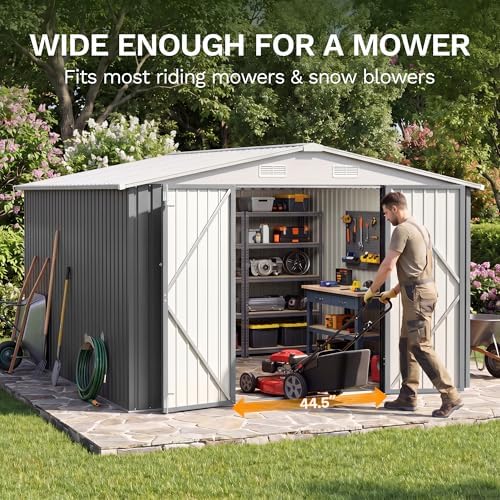 JUMMICO 10x12 FT Outdoor Storage Shed, Heavy Duty Metal Shed with Lockable Door&Slooping Roof, Tool Shed for Garden Backyard Patio(Gray) - Image 4