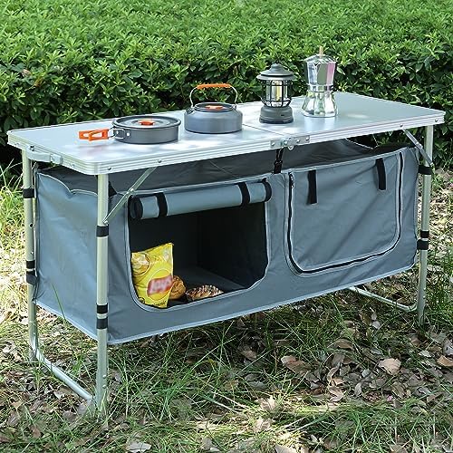 JOUYEK Camping Table, Folding Portable Kitchen Table with Storage Gray - Image 2
