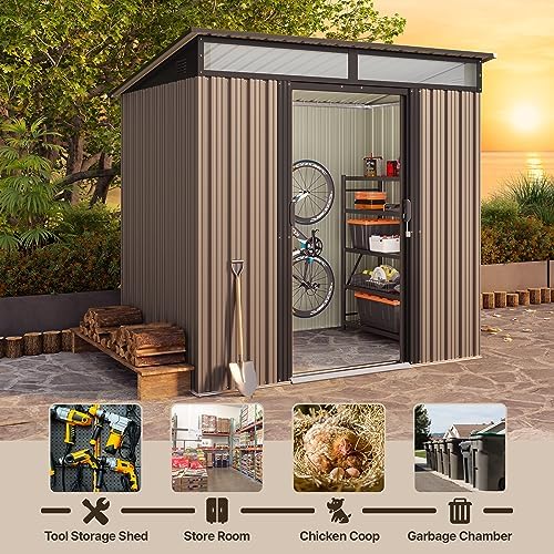 Gizoon 6'x4' Outdoor Storage Shed Metal Garden Shed with Sliding Lockable Doors, Versatile Tool Bike Shed with Transparent Panel Windows, Outdoor Storage Clearance for Backyard, Patio, Light Brown - Image 5