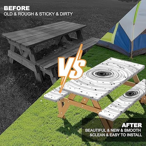 Picnic Table Cover with Bench Covers Camping Essentials Abstract Art Cosmic Vortex Pattern Waterproof Oilproof Fitted Camping Tablecloth Cover with Elastic Edge for Indoor Outdoor 3 PCS 30x96 Inch - Image 4