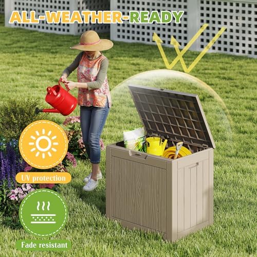 ROJIK Outdoor Storage Housing Deck Box - Waterproof Patio Furniture, Garden Tools, Cushions, Pool Accessories Storage Bench with Lockable Lid and Side Handles (Grey) - Image 3