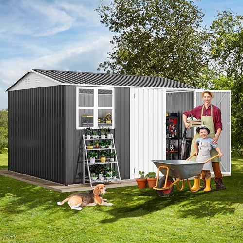 DWVO 10' x 10' Outdoor Metal Storage Shed with Windows & Lockable Doors - Image 3