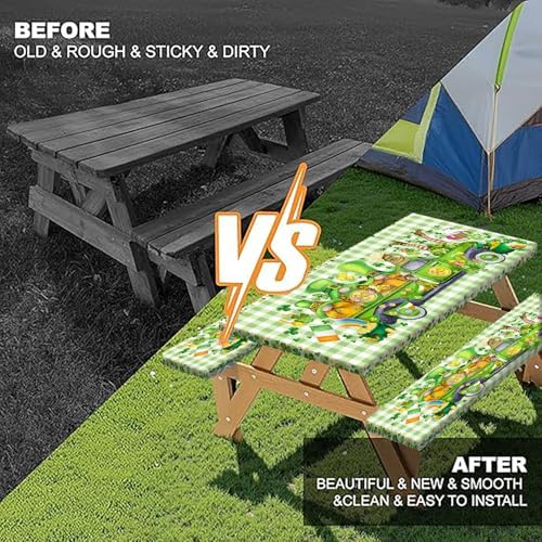 St. Patrick's Day Picnic Table Cover with Bench Covers, Camping Essentials, Plaid Truck Gnomes Clover Outdoor Table Covers, Waterproof, Fitted Tablecloth Cover with Elastic Edge, 3 PCS, 30x72 Inch - Image 5