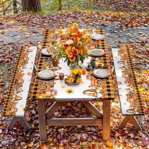 Fall Picnic Table Cover with Bench Covers, Camping Essentials, Thanksgiving Buffalo Plaid Floral Waterproof Windproof, Fitted Tablecloth Cover with Elastic Edge, Indoor & Outdoor, 3 PCS, 30x60 Inch - Image 2