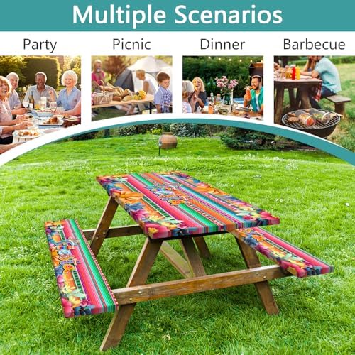 Mexican Fiesta Picnic Table Cover with Bench Covers, Cinco de Mayo Fiesta Waterproof Windproof, Camping Essentials, Fitted Tablecloth Cover with Elastic Edge, for Garden & Outdoor, 3 PCS, 30x60 Inch - Image 3