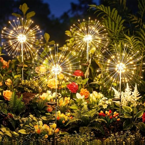 Brightown 4 Pack Garden Decor Solar Lights Outdoor Decorative,150LED Firework Lights for Outside,8 Modes Solar Powered Stake Fairy Light for Yard Pathway Flowerbed Patio Christmas Decor,Warm White by Brightown