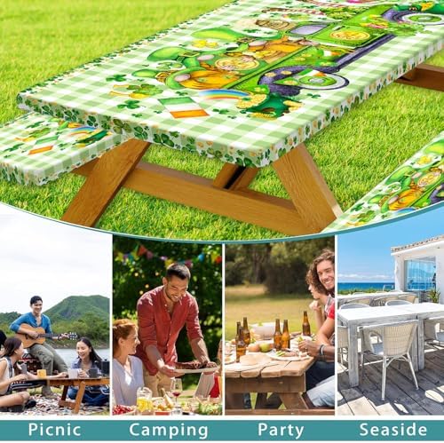 St. Patrick's Day Picnic Table Cover with Bench Covers, Camping Essentials, Plaid Truck Gnomes Clover Outdoor Table Covers, Waterproof, Fitted Tablecloth Cover with Elastic Edge, 3 PCS, 30x72 Inch - Image 4