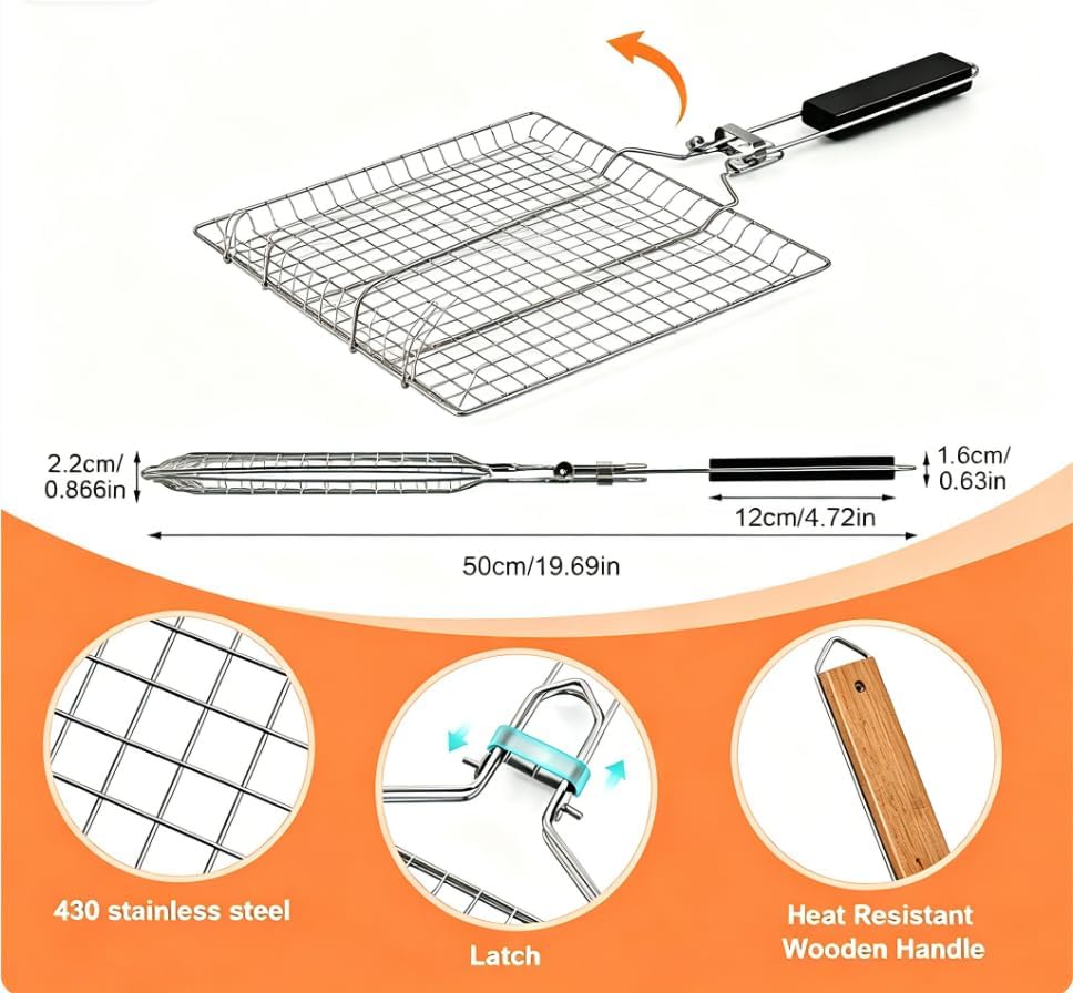 BBQ Grill Basket, 430 Food Grade Stainless Steel Lockable Fish Grill Basket with Removable Handle, Portable Grilling Rack for Whole Fish, Steak, Shrimp and Vegetables, Outdoor Camping Barbecue - Image 4