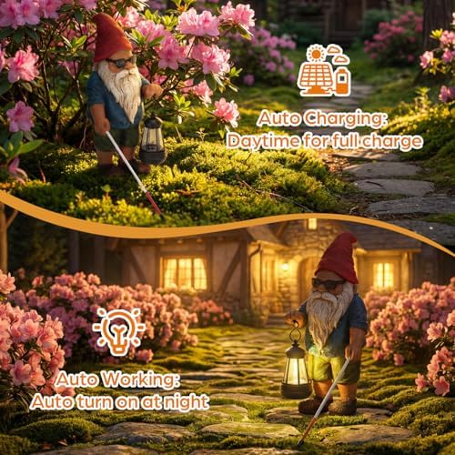 Solar Garden Gnome Outdoor Statue, 10.2 inches Blind Man Gnome with Lantern - Image 3