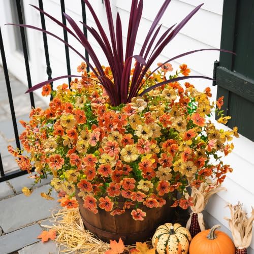 Fall Flowers Artificial Mums for Outdoors Autumn Decor, 12 Bundles Fake Fall Mums with 1 pcs Burgundy Orchid Leaf UV Resistant Realistic Faux Plants for Outside Home Porch Patio Planter, Orange Yellow - Image 4