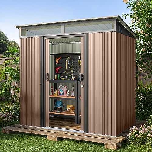 Gizoon 6'x4' Outdoor Storage Shed Metal Garden Shed with Sliding Lockable Doors, Versatile Tool Bike Shed with Transparent Panel Windows, Outdoor Storage Clearance for Backyard, Patio, Light Brown - Image 2