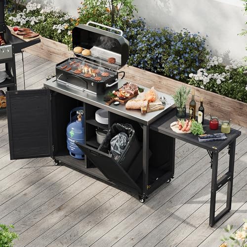 Merax 78.3" Outdoor Kitchen Island with Foldable Grill Table, Wooden Outdoor Grill Cart with Trash Can Storage & Stainless Steel Top, Outdoor Bar Cart, Pizza Oven Table for Lawn & Garden, Black by Merax