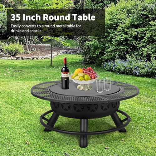 Hykolity 35 Inch Fire Pit with 2 Cooking Grate & Charcoal Pan, Outdoor Wood Burning BBQ Grill Firepit Bowl with Cover Lid, Steel Round Table for Backyard Bonfire Patio Picnic - Image 4