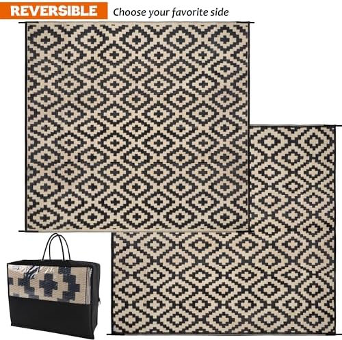 SAND MINE Waterproof Outdoor Rug 8x8 ft, Plastic Reversible Rug, Modern Area Rug, Large Floor Mat for Outdoors, RV, Patio, Backyard, Deck, Picnic, Beach, Camping, Black & Beige - Image 3