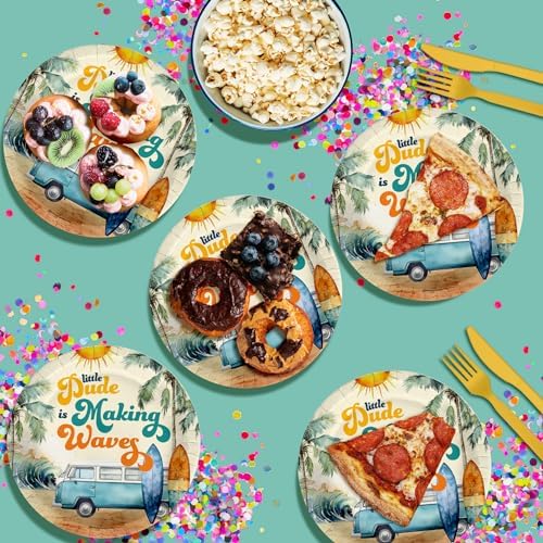 Birthday Galore Little Dude Making Waves Surfing Baby Shower - 32 Piece Disposable Party Supplies - Surfer Baby Shower Decorations - Round Party Plates - Large 9" Paper Plates In Bulk - Image 4