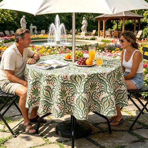 SUQ I OME Outdoor Tablecloth, Green Damascus Pattern, 60'' Round with Zipper - Image 3