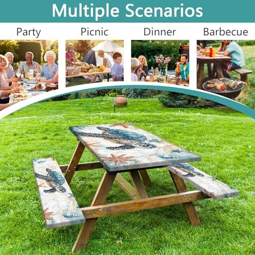 Picnic Table Cover with Bench Covers 6FT, Camping Essentials, Nautical Sea Turtle Ocean Windproof Waterproof Picnic Table Cloth, Fitted Tablecloth with Elastic Edge for Indoor Outdoor 3PCS 30x96 Inch - Image 3