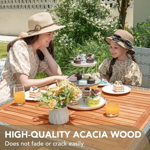 Devoko 5 PCS Acacia Wood Patio Dining Set, Gray Rattan - Image 4