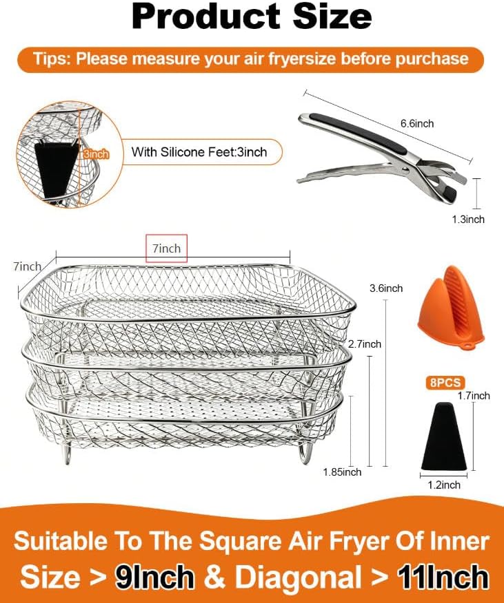 Square Air Fryer Rack 9-Pcs – 7" Square 3-Tier Stackable Dehydrator Racks for Cosori, Instant Vortex, and Ninja Foodi Grill – 304 Stainless Steel Grill Rack Compatible with 5-6QT Air Fryer, Oven - Image 6