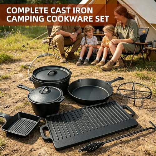DVK 8 Piece Cast Iron Cookware Set with Vintage Wooden Storage Box, Pre-seasoned Skillets, Dutch Oven and Griddle Kit for Outdoor Camping, RV Trips and Home Kitchen Cooking - Image 6