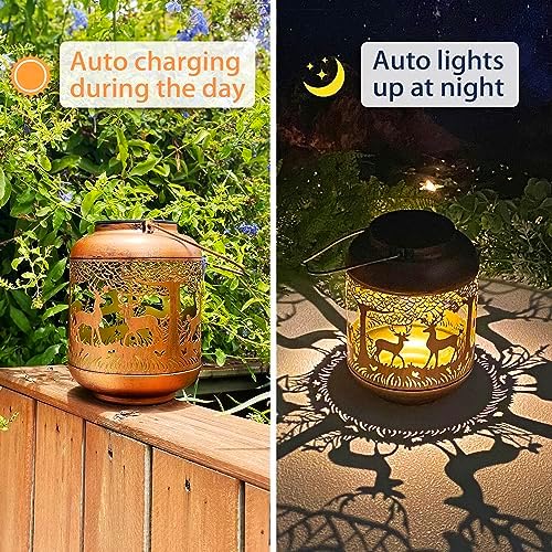 2 Pack Deer Solar Lanterns Outdoor Waterproof Hanging Solar Lights Deer Gifts for Women Men Metal Decorative LED Lanterns for Yard, Patio, Lawn, Tabletop, Pathway, Landscape, Garden Decor - Image 3