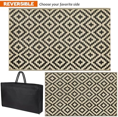 SAND MINE Reversible Mats, Plastic Straw Rug, Modern Area Rug, Large Floor Mat and Rug for Outdoors, RV, Patio, Backyard, Deck, Picnic, Beach, Trailer, Camping (3' x 5', Black & Beige Lattice) - Image 4