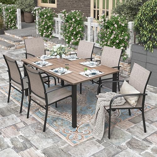 HERA'S HOUSE 7pc Patio Dining Set, Outdoor Wood-Like Metal Table & 6 Chairs by HERASHOUSE