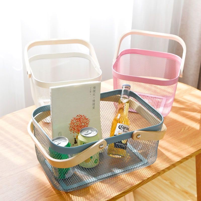 Mesh Steel Storage Organizer Basket Fruit Basket Bin with Wood Handle Ideal for Kitchen Bathroom Picnic Baskets Pantry Cabinets Storage Home Decor (Pink) - Image 4