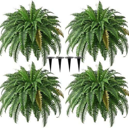 4PCS 45in Fake Ferns- Outdoor Faux Plants, Large UV Resistant Artificial Ferns for Outdoors, Weatherproof Faux Boston Fern Realistic Fake Artificial Plant for Porch Home Garden Patio Hanging Decor by Waipfaru