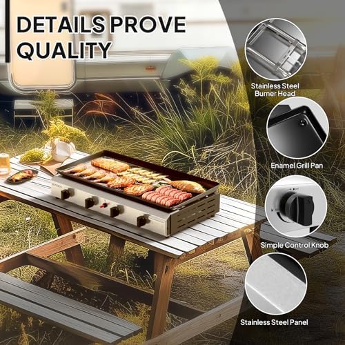 ROVSUN 4 Burner Portable Propane Griddle with Electronic Ignition & Regulator, 40,000 BTU Tabletop Flat Top Gas Grill with Nonstick Enameled Tray for Outdoor Cooking Camping BBQ Tailgating - Image 3