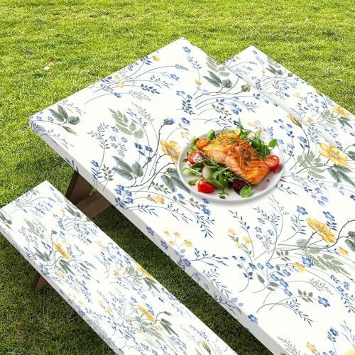 CAPSCEOLL Picnic Table Cover with Bench Covers 6ft - Blue Yellow Flowers - Image 5