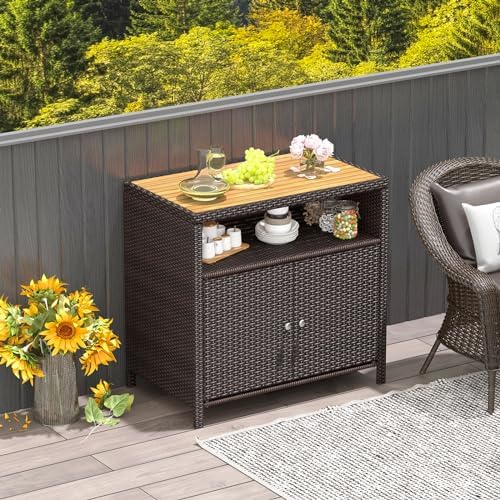 Tangkula Rattan Outdoor Storage Cabinet, Patiojoy Outdoor Cabinet with Acacia Wood Countertop, Open Compartment, 2-Door Wicker Sideboard, Outdoor Bar for Patio Garden Backyard Poolside (Mix Brown) - Image 2