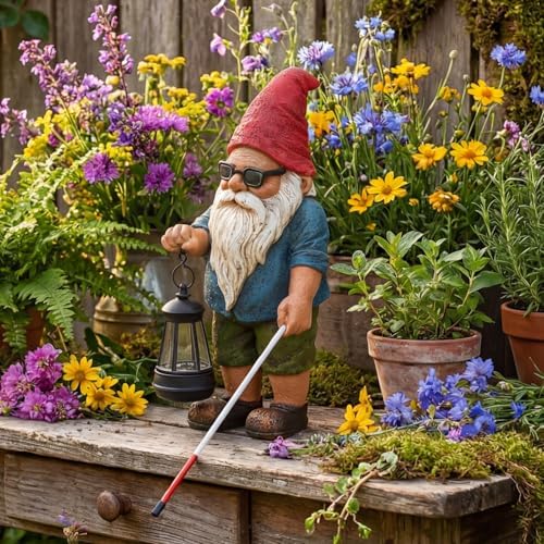 Solar Garden Gnome Outdoor Statue, 10.2 inches Blind Man Gnome with Lantern - Image 7