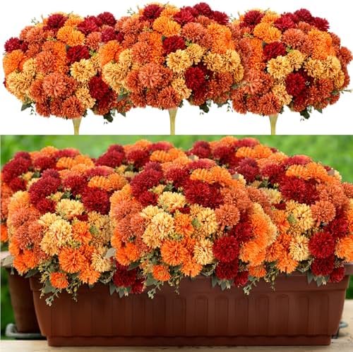 XunYee 12 Pcs Fall Artificial Flowers for Outdoor Faux Mums,Burnt Orange by XunYee