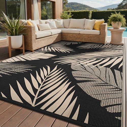 GENIMO Outdoor Rug, Waterproof Plastic Rugs for Patio, 8'x10' Black Beige by GENIMO