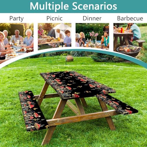 Mushroom Picnic Table Cover with Bench Covers, Camping Essentials, Waterproof Windproof Camping Tablecloth, Fitted Tablecloth Cover with Elastic Edge, for Indoor & Outdoor, Garden, 3 PCS, 30x72 Inch - Image 6