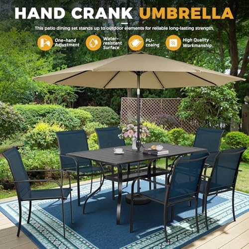 Incbruce 7 Pcs Patio Dining Set, Textilene Chairs and Rectangle Table with Brown Umbrella (Blue) - Image 6