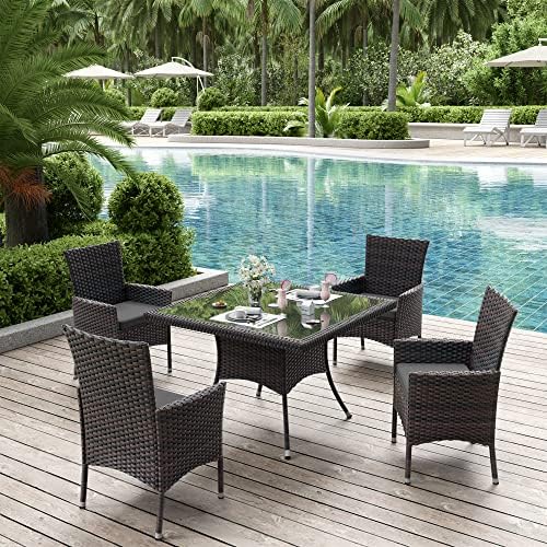 ALAULM 5 Piece Patio Dining Set All-Weather Wicker Outdoor Furniture Set w/Tempered Glass Tabletop, Removable Cushions and Umbrella Hole for Patio, Backyard, Garden, Poolside（Grey） - Image 3