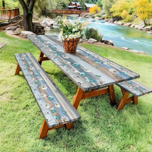Floral Picnic Table Cover with Bench Covers, Camping Essentials, Wooden Flower Butterfly Waterproof Windproof, Fitted Tablecloth Cover with Elastic Edge, for Indoor, Outdoor, 3 PCS, 30x96 Inch - Image 3